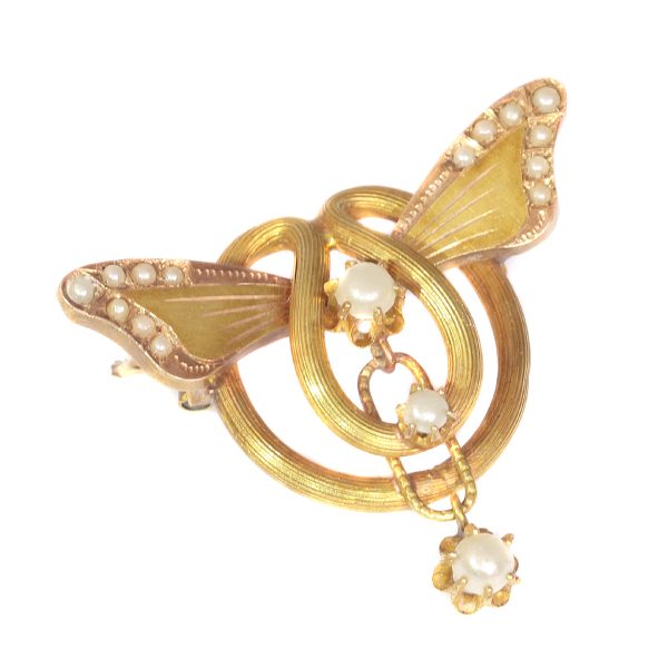 Antique Art Nouveau Gold and Pearl Brooch Butterfly Wings