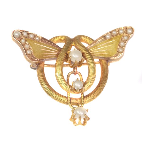 Antique Art Nouveau Gold and Pearl Brooch Butterfly Wings