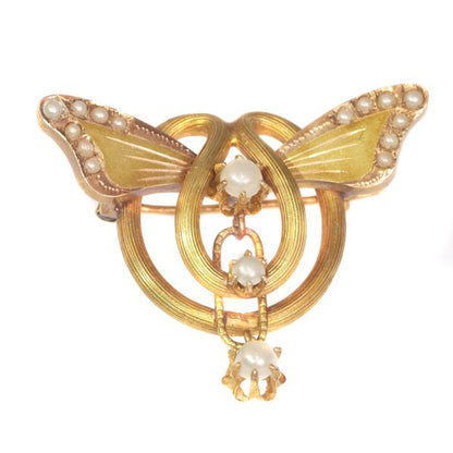 Antique Art Nouveau Gold and Pearl Brooch Butterfly Wings
