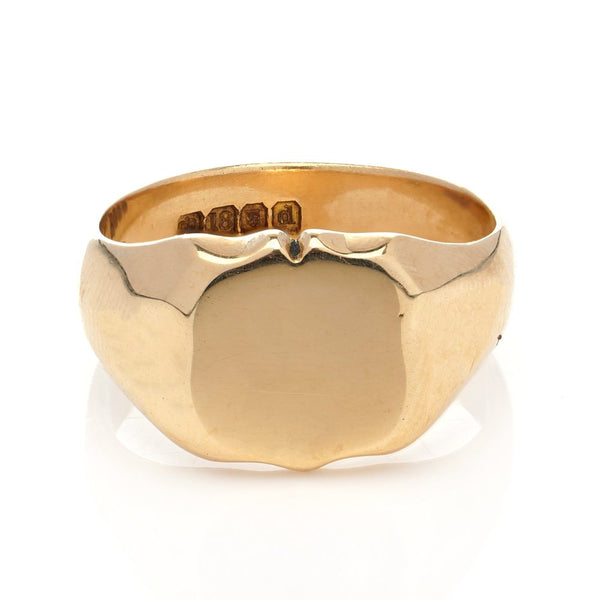 Vintage 18ct Yellow Gold Signet Ring with Blank Cartouche left for engraving. Made in England, London, Circa 1959