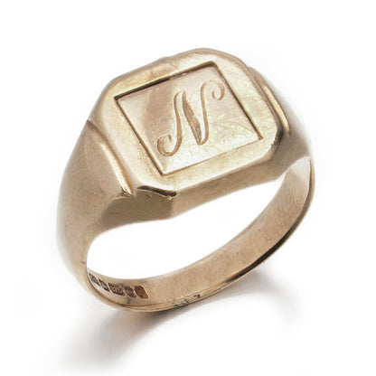 Vintage Masonic 9ct Yellow Gold Swivel Signet Ring, blue enamel freemason emblem of compass and ruler to the front swivel and engraved letter N to reverse, Circa 1977