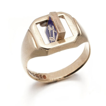 Vintage Masonic 9ct Yellow Gold Swivel Signet Ring, blue enamel freemason emblem of compass and ruler to the front swivel and engraved letter N to reverse, Circa 1977