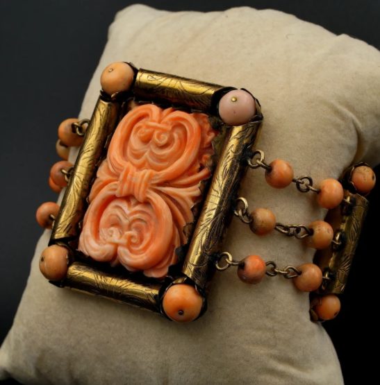 Antique Rare Carved Pink Coral Gold Plaque Bracelet