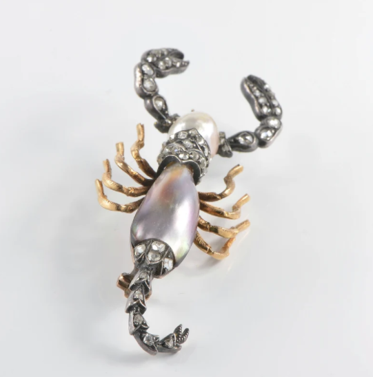 Antique Victorian Abalone Natural Pearl and Diamond Scorpion Brooch