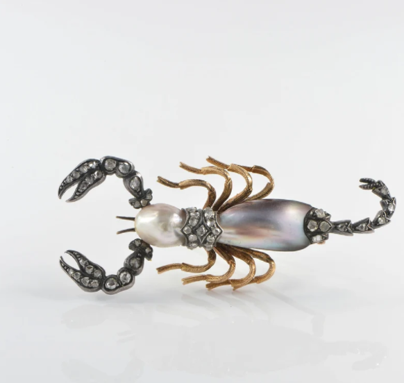 Antique Victorian Abalone Natural Pearl and Diamond Scorpion Brooch