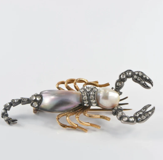 Antique Victorian Abalone Natural Pearl and Diamond Scorpion Brooch