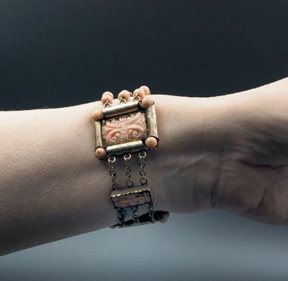 Antique Rare Carved Pink Coral Gold Plaque Bracelet