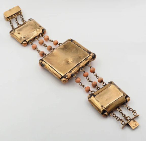 Antique Rare Carved Pink Coral Gold Plaque Bracelet