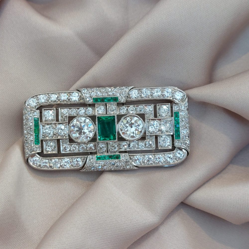 Early Art Deco Diamond and Emerald Brooch