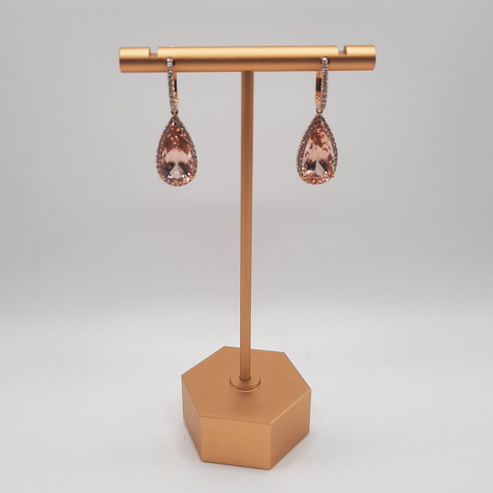 Pear Cut Morganite and Diamond Cluster Drop Earrings, 8.15ct large pear-shaped morganite set within delicate diamond surrounds and suspended from diamond-set drops in 18ct rose gold
