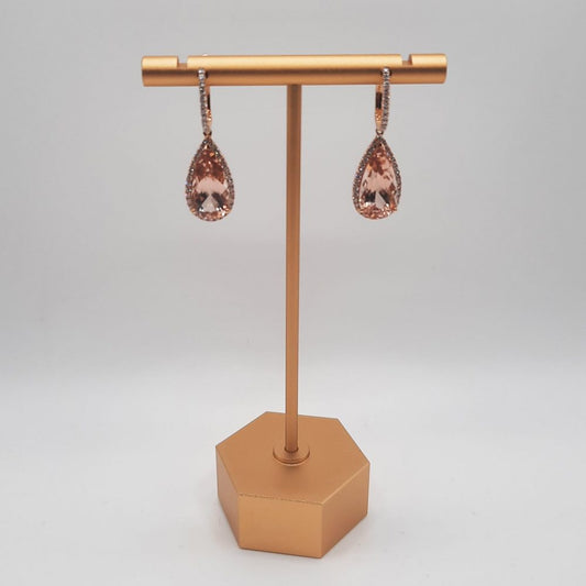 Pear Cut Morganite and Diamond Cluster Drop Earrings, 8.15ct large pear-shaped morganite set within delicate diamond surrounds and suspended from diamond-set drops in 18ct rose gold