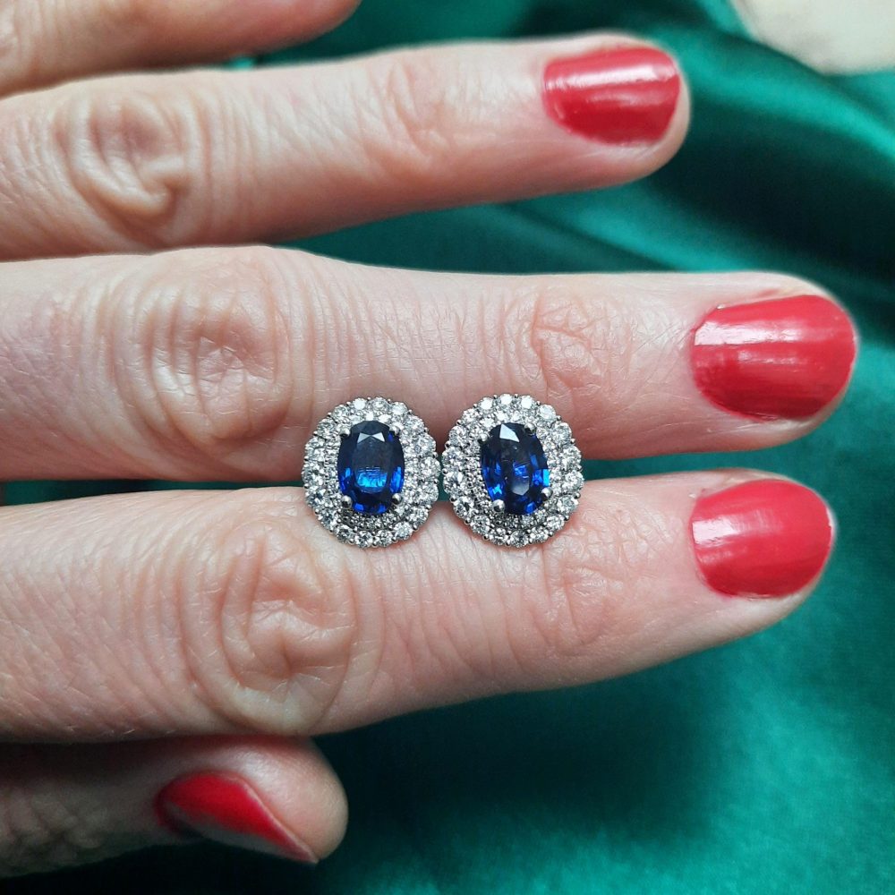 1.65ct Oval Sapphire and Double Diamond Cluster Earrings