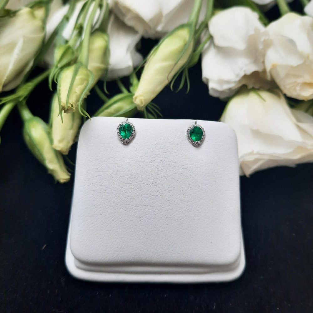 Pear Cut Emerald and Diamond Cluster Stud Earrings