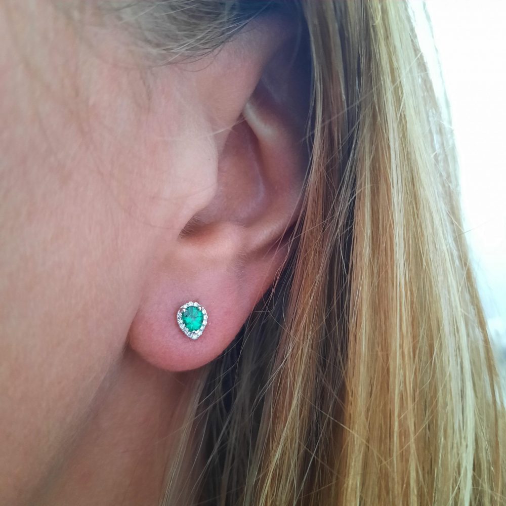 0.44ct Pear Cut Emerald and Diamond Cluster Stud Earrings