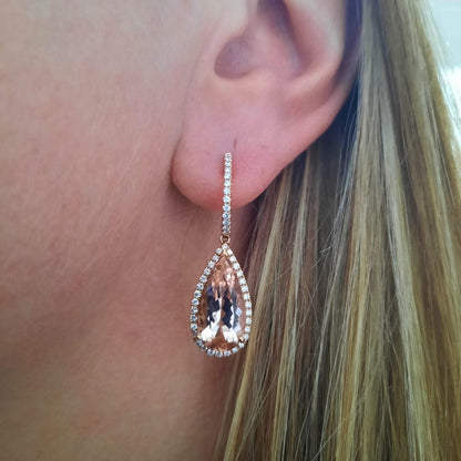 Pear Cut Morganite and Diamond Cluster Drop Earrings, 8 carats