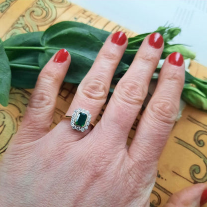 0.92ct Emerald-Cut Emerald and Diamond Cluster Ring in 18ct Gold