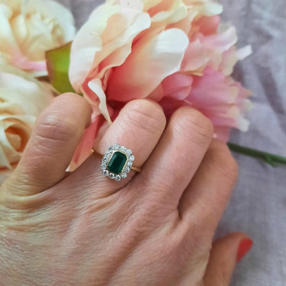 0.92ct Emerald-Cut Emerald and Diamond Cluster Ring in 18ct Gold
