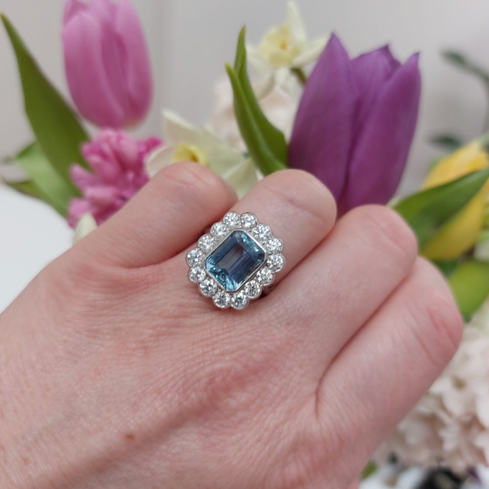 Vintage 8ct Aquamarine and Diamond Floral Cluster Ring in Platinum
