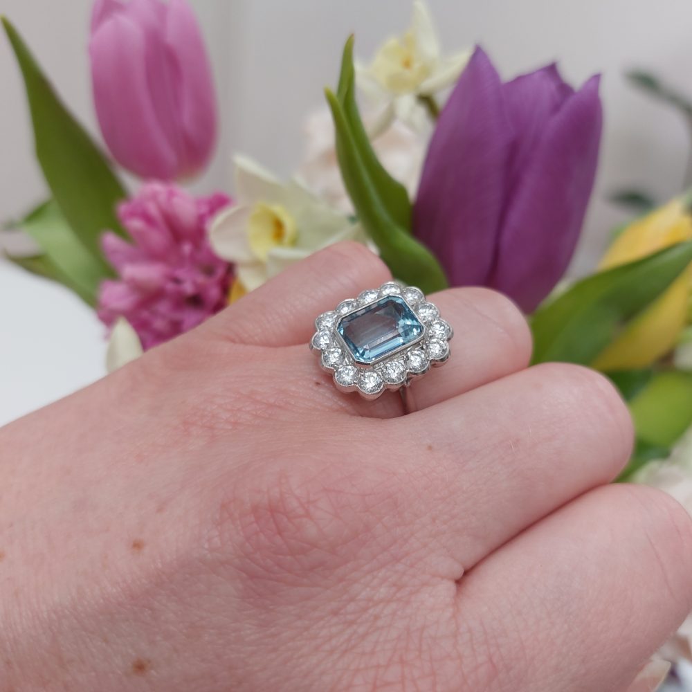 Vintage 8ct Aquamarine and Diamond Floral Cluster Ring in Platinum