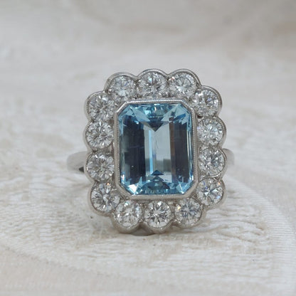 Vintage 8ct Aquamarine and Diamond Floral Cluster Ring in Platinum