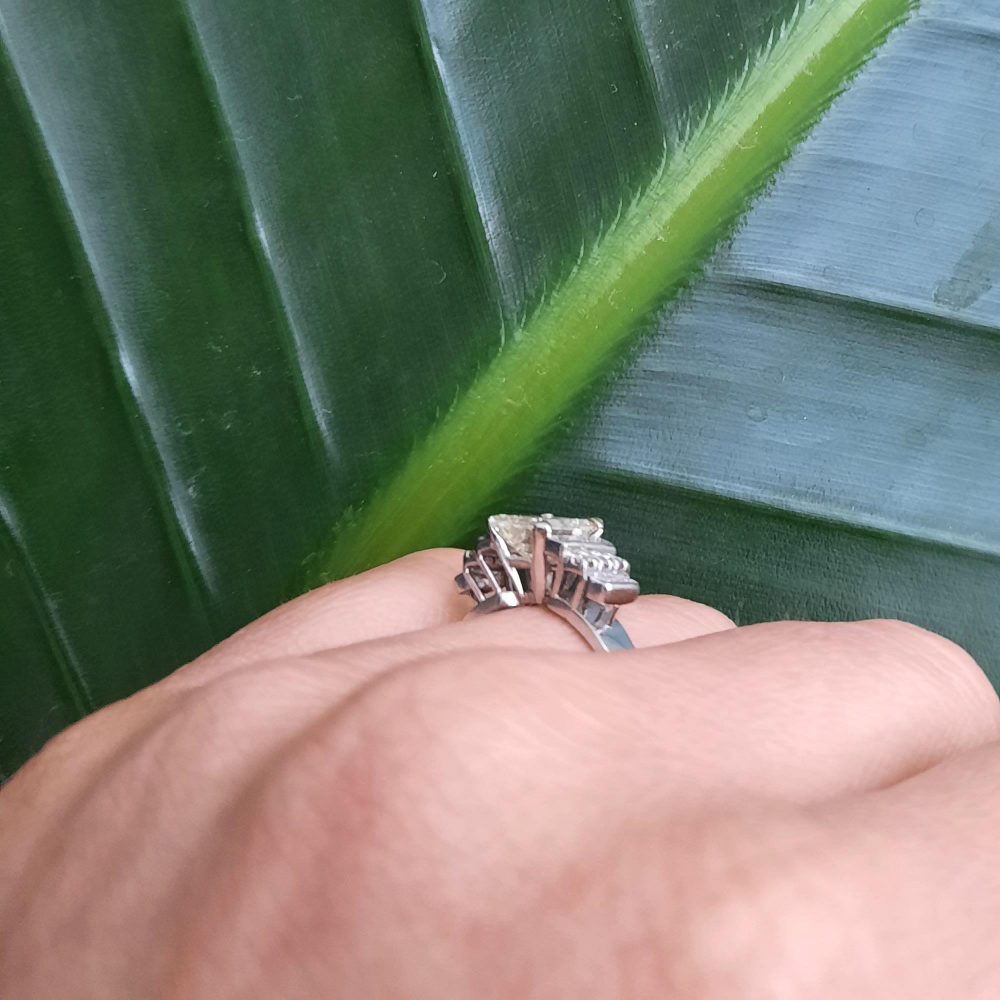 1.50ct Square Cut Diamond Engagement Ring with Baguette and Brilliant Shoulders