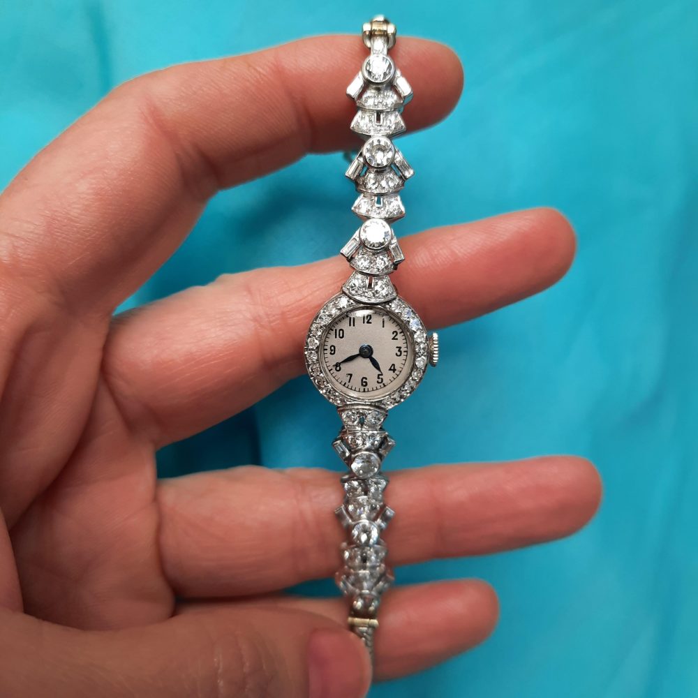 Art Deco Diamond Platinum Cocktail Watch, 3.20 carats