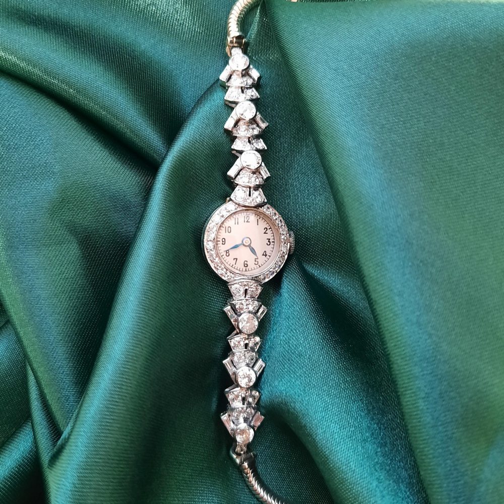 Art Deco Diamond Platinum Cocktail Watch, 3.20 carats