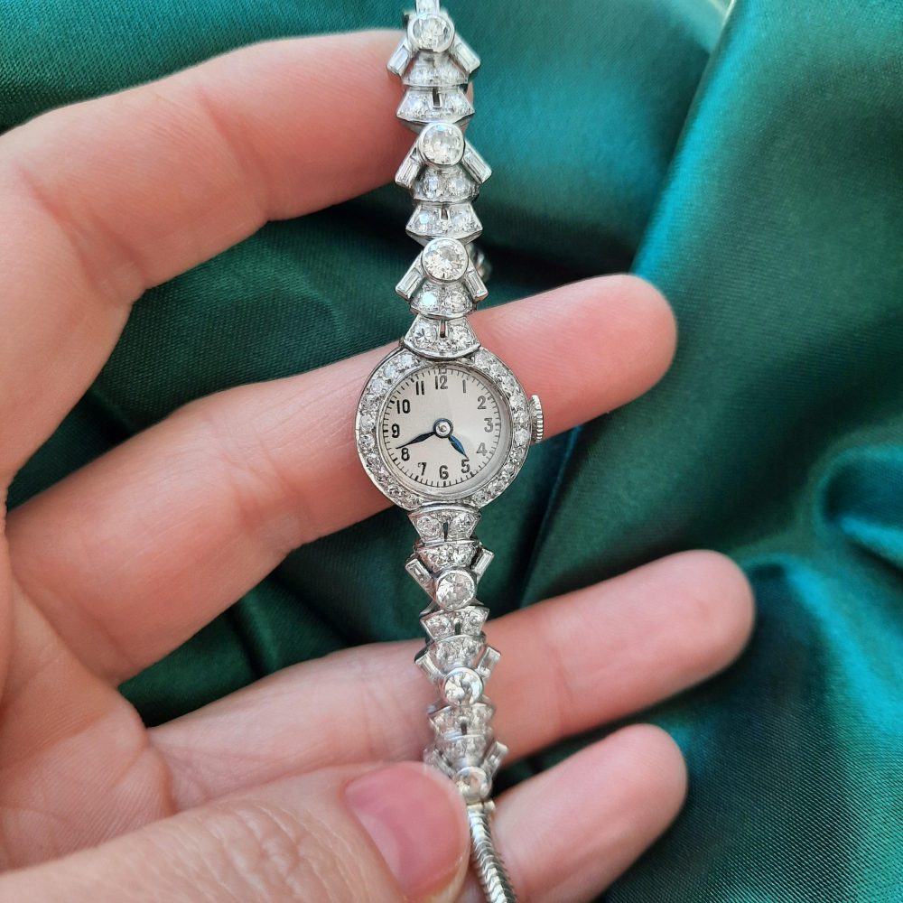 Art Deco Diamond Platinum Cocktail Watch, 3.20 carats