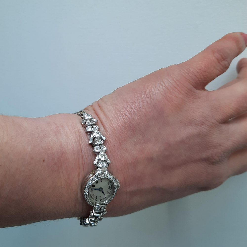 Art Deco Diamond Platinum Cocktail Watch, 3.20 carats