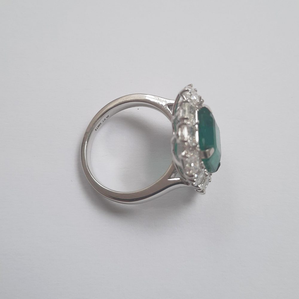 4ct Zambian Octagonal Emerald and Diamond Cluster Ring in Platinum