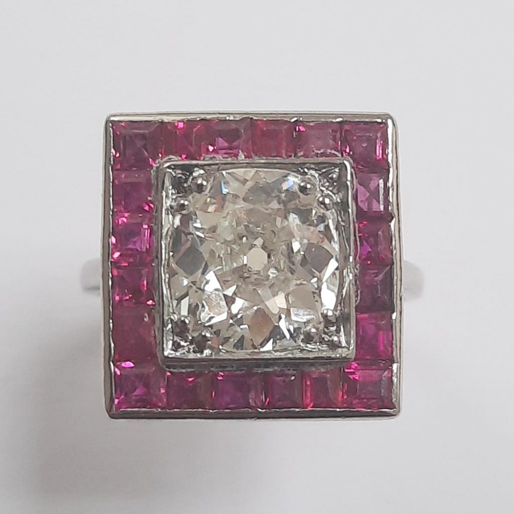 Art Deco 2.01ct Diamond and Calibre Ruby Square Shaped Cluster Ring