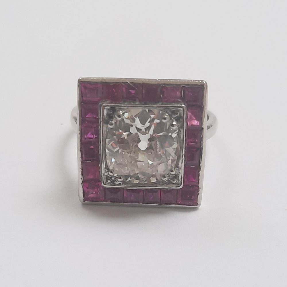 Art Deco 2.01ct Diamond and Calibre Ruby Square Shaped Cluster Ring
