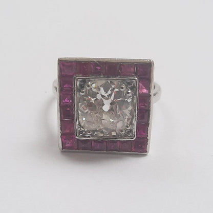 Art Deco 2.01ct Diamond and Calibre Ruby Square Shaped Cluster Ring