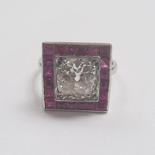 Art Deco 2.01ct Diamond and Calibre Ruby Square Shaped Cluster Ring