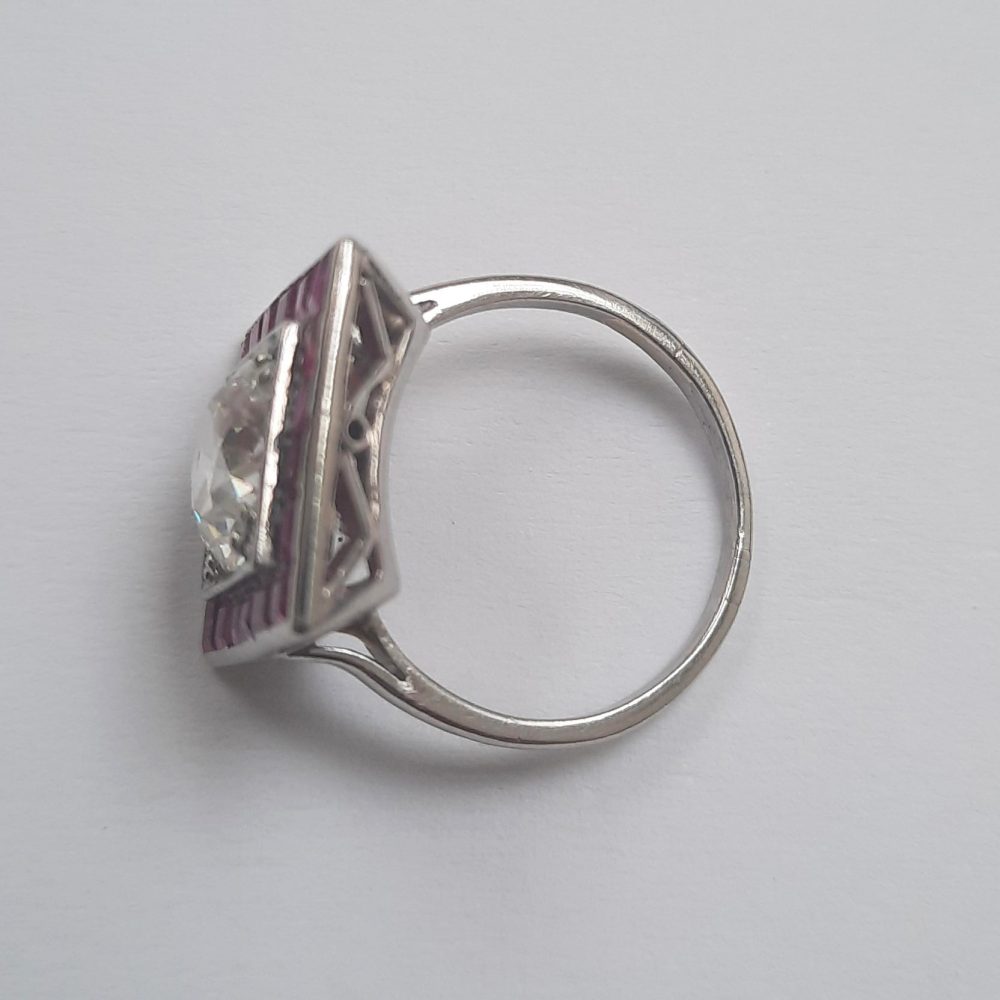 Art Deco 2.01ct Diamond and Calibre Ruby Square Shaped Cluster Ring