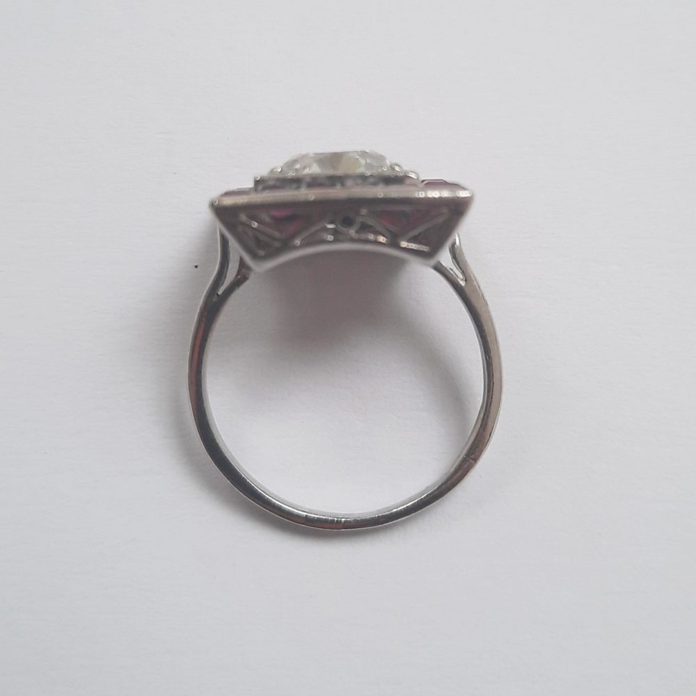 Art Deco 2.01ct Diamond and Calibre Ruby Square Shaped Cluster Ring