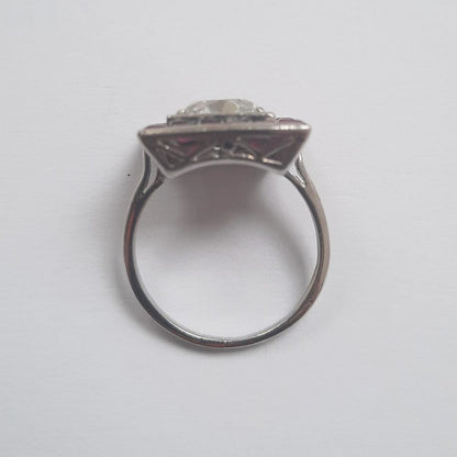 Art Deco 2.01ct Diamond and Calibre Ruby Square Shaped Cluster Ring