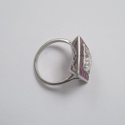 Art Deco 2.01ct Diamond and Calibre Ruby Square Shaped Cluster Ring