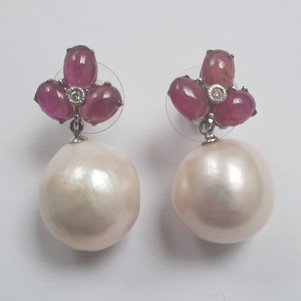 Cabochon Ruby and Pearl Drop Earrings