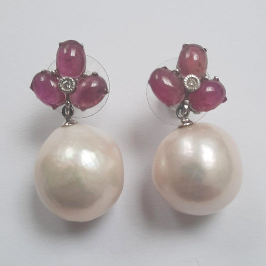 Cabochon Ruby and Pearl Drop Earrings
