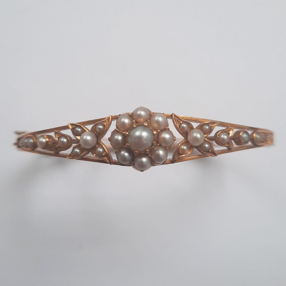 Antique Pearl Floral Cluster Bangle Bracelet in 15ct Gold