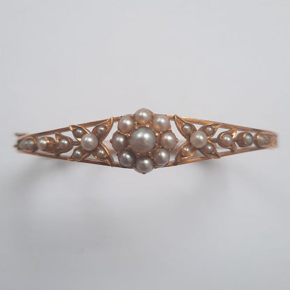 Antique Pearl Floral Cluster Bangle Bracelet in 15ct Gold