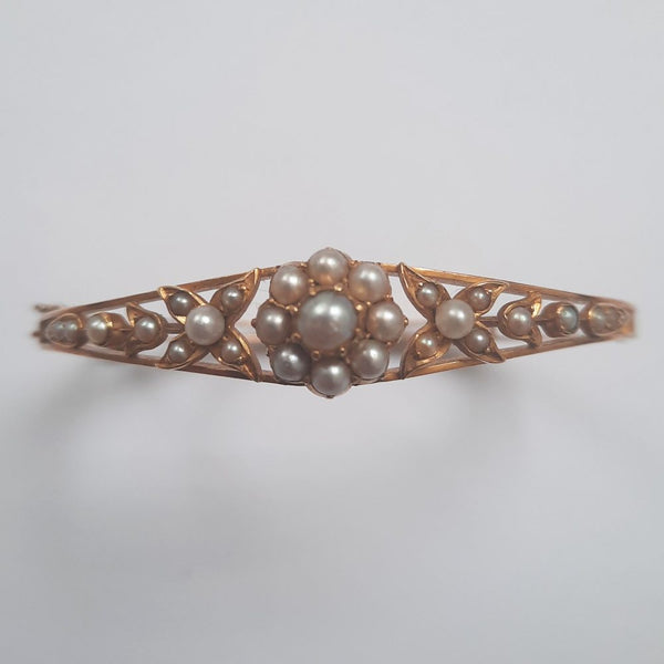 Antique Pearl Floral Cluster Bangle Bracelet in 15ct Gold