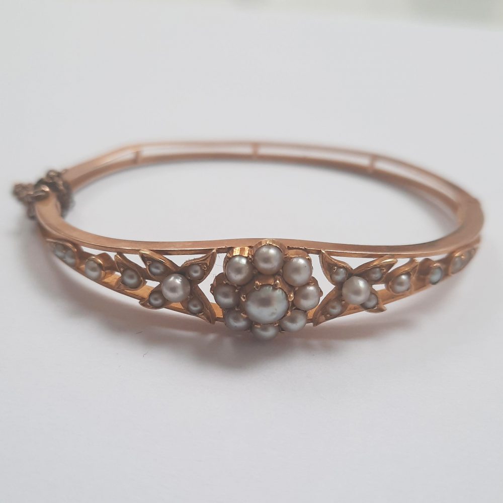Antique Pearl Floral Cluster Bangle Bracelet in 15ct Gold