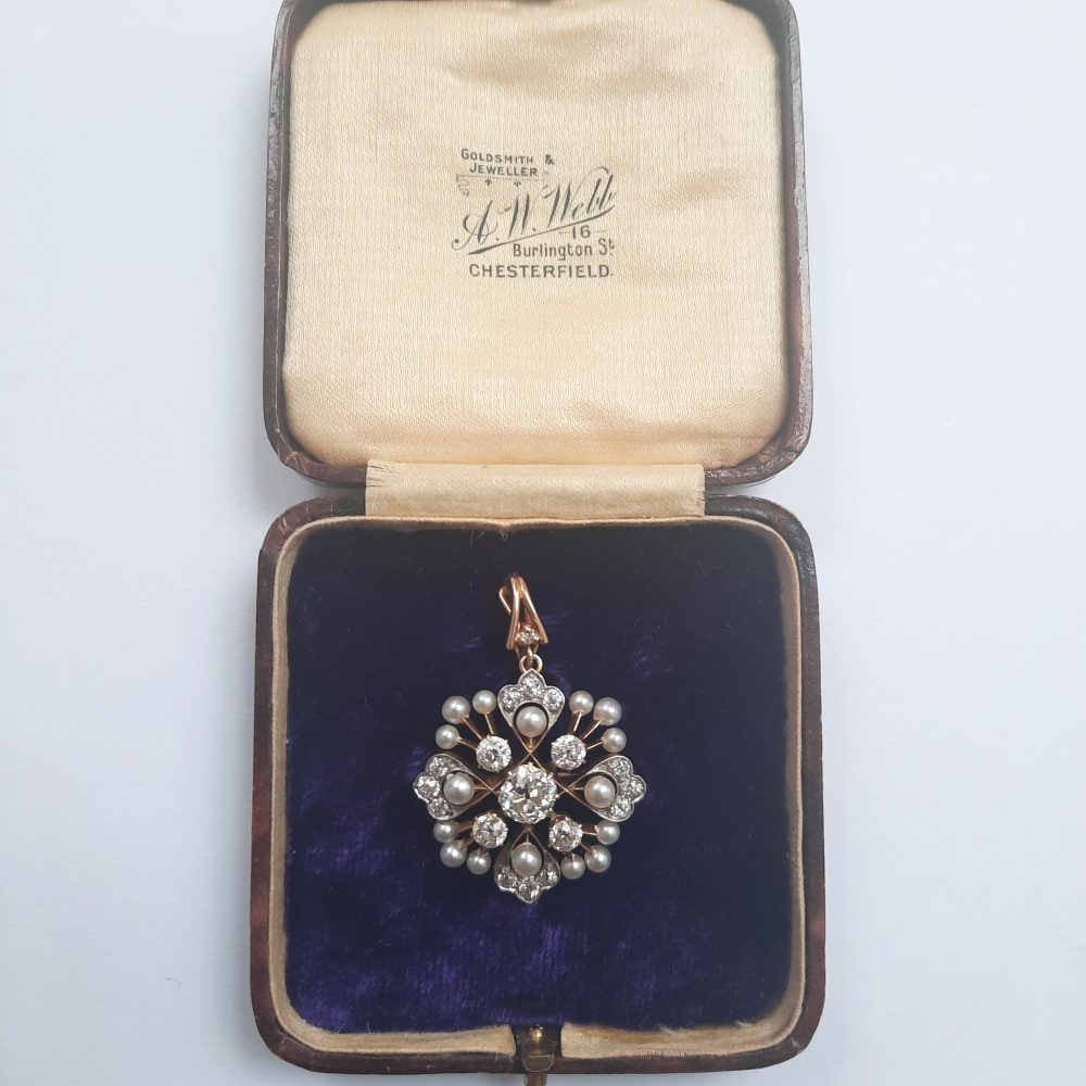 Natural Pearl and Old Cut Diamond Pendant Brooch