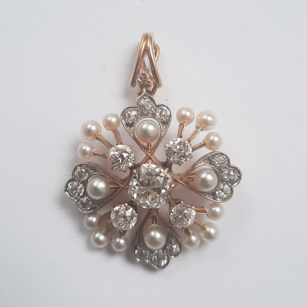 Natural Pearl and Old Cut Diamond Pendant Brooch