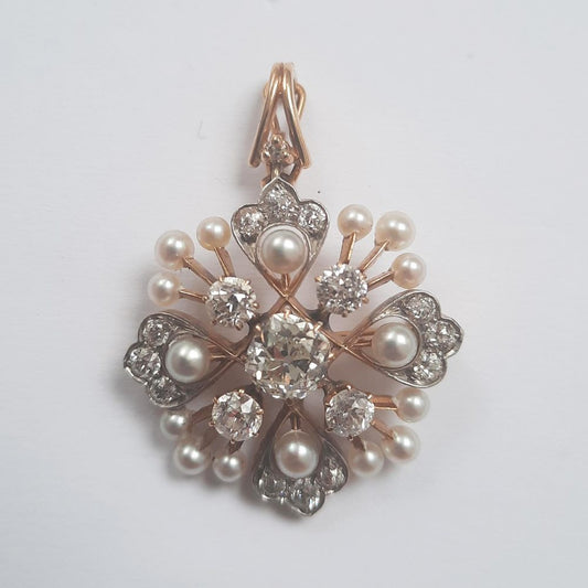 Natural Pearl and Old Cut Diamond Pendant Brooch