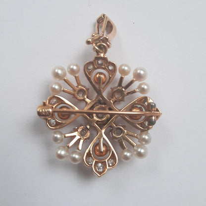 Natural Pearl and Old Cut Diamond Pendant Brooch
