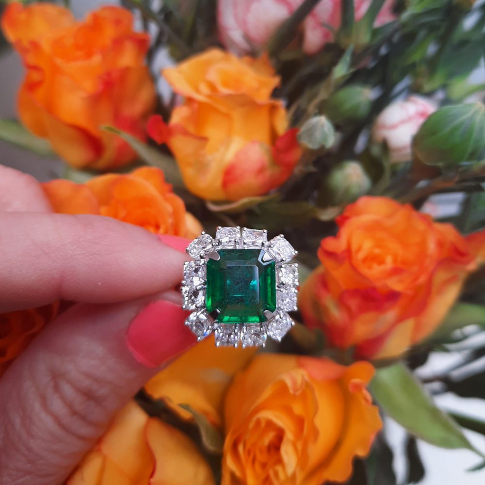 4ct Zambian Octagonal Emerald and Diamond Cluster Ring