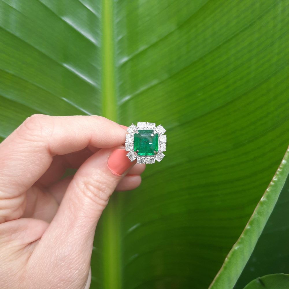 4ct Zambian Octagonal Emerald and Diamond Cluster Ring